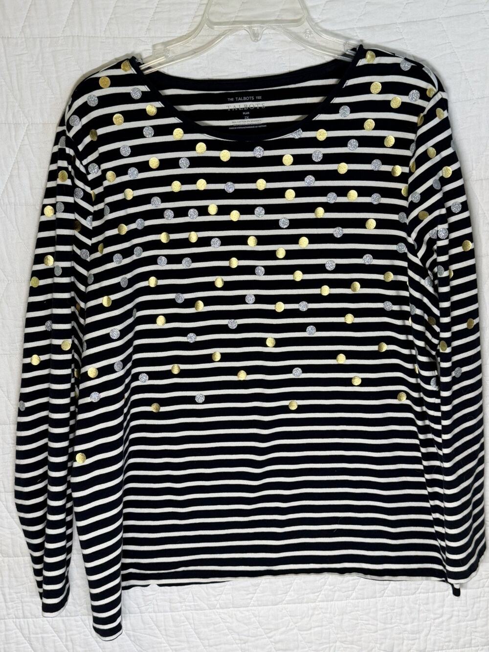 Talbots Tee Blue White Stripe Silver Gold Dots long Sleeve Size 2x round neck